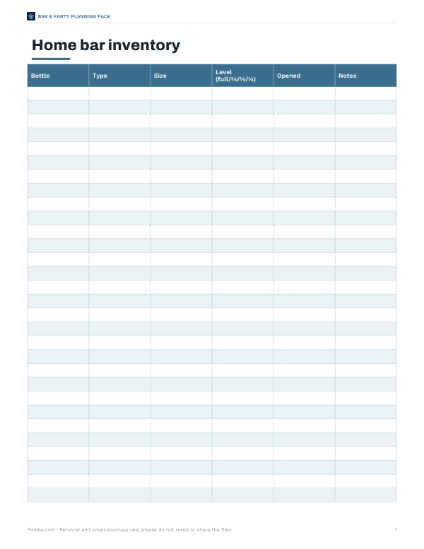 Preview of Printable Home Bar Inventory Sheet