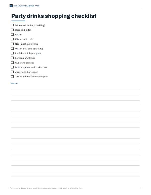 Preview of Printable Party Drinks Shopping Checklist